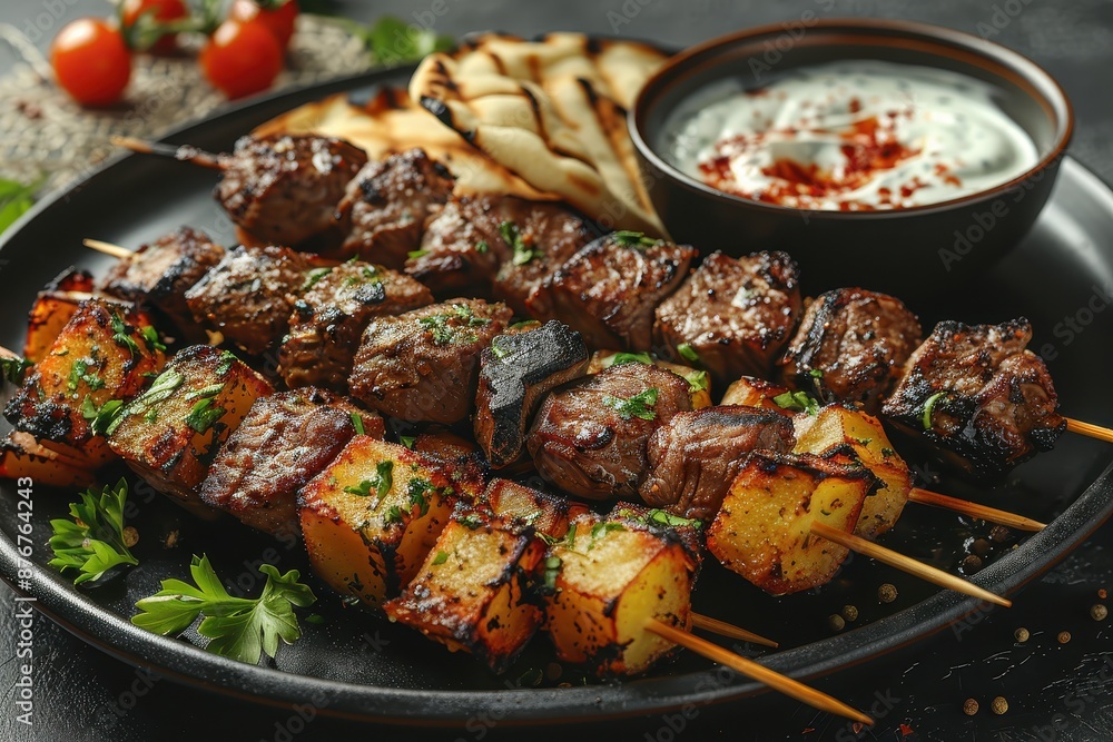 A dish of beef and potato shashlik, Russian skewers, served with a side of flatbread and a bowl of yogurt sauce. A dish of beef and potato shashlik, Russian skewers, served with a side of flatbread and a bowl of yogurt sauce.