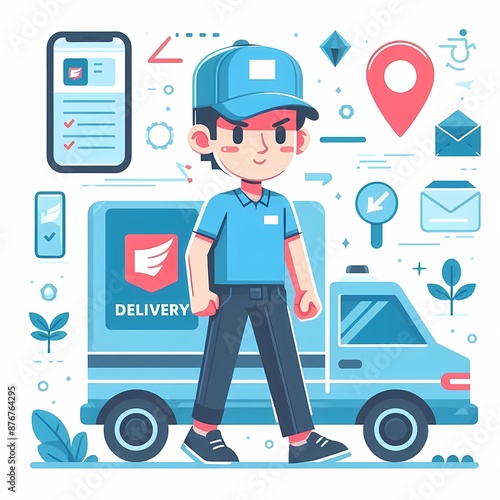 Delivery truck with courier parcel package vector illustration isolated on a white background photo