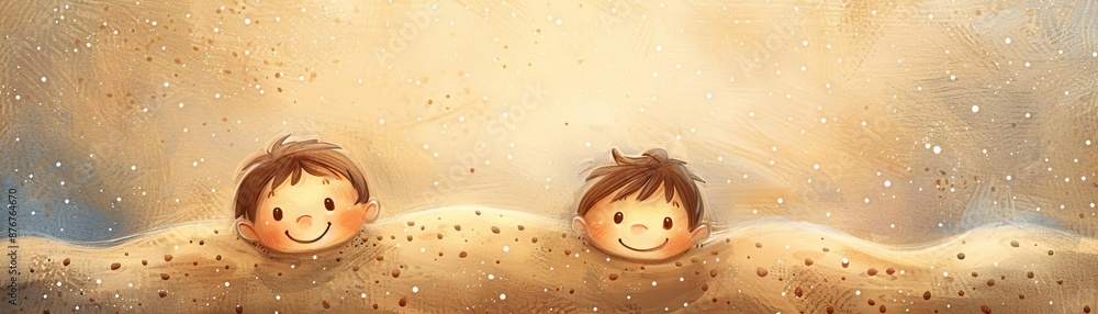 Illustration of two happy children buried in sand enjoying a sunny day at the beach with smiles and soft, warm colors. Illustration of two happy children buried in sand enjoying a sunny day at the beach with smiles and soft, warm colors.