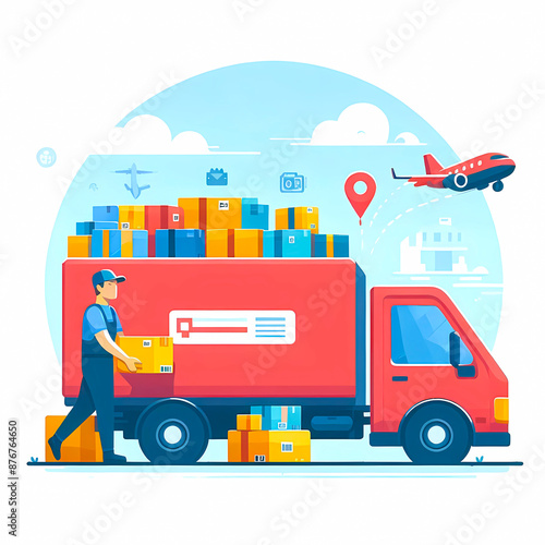 Delivery truck with courier parcel package vector illustration isolated on a white background photo