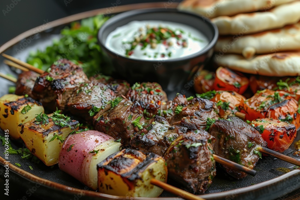 A dish of beef and potato shashlik, Russian skewers, served with a side of flatbread and a bowl of yogurt sauce. A dish of beef and potato shashlik, Russian skewers, served with a side of flatbread and a bowl of yogurt sauce.