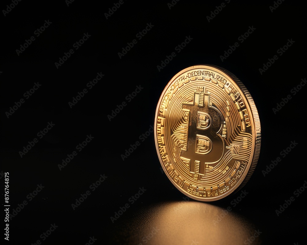 Shiny gold bitcoins stand out against the dark, simple background. It is a symbol of digital currency and cutting-edge technology. Shiny gold bitcoins stand out against the dark, simple background. It is a symbol of digital currency and cutting-edge technology.