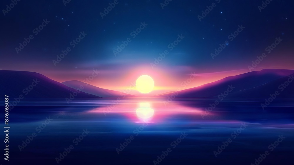 Fototapeta premium Stunning sunset over calm waters with vibrant colors and serene mountain backdrop, capturing nature's breathtaking beauty and tranquility.