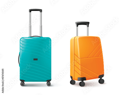Modern wheel suitcases set isolated on white background. Vector realistic illustration of orange and turquoise plastic luggage, solid rolling bag with metal handle, tourist accessory, vacation travel