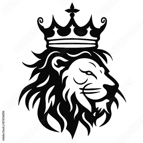 black and white vector logo of a lion head wearing a crown, on a minimalist background