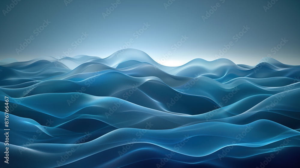 Abstract image depicting smooth, flowing blue waves in a serene ocean setting with a gradient sky. Perfect for background or wallpaper use. Abstract image depicting smooth, flowing blue waves in a serene ocean setting with a gradient sky. Perfect for background or wallpaper use.