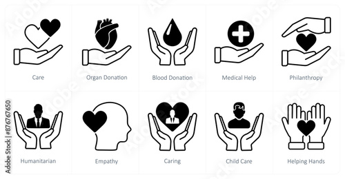 A set of 10 Charity and Donation icons as care, organ donation, blood donation