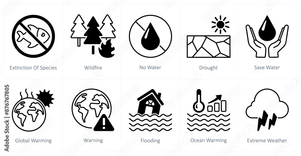 Ταπετσαρία A set of 10 Climate Change icons as extinction of species, wildfire, no water