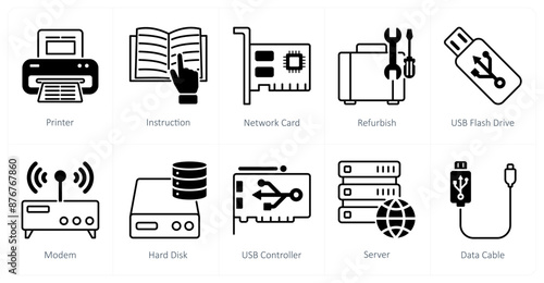 A set of 10 Computer Parts icons as printer, instruction, network card photo