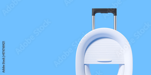 White travel suitcase in the form of an airplane window on a blue background. Mock up. 3d rendering