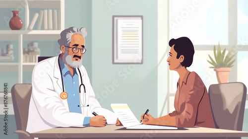 A senior doctor is giving professional healthcare advice to a young patient during a consultation in a medical office. The patient is receiving care and guidance in this clinical setting