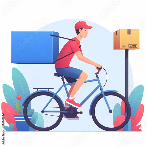 Delivery man on cycle with courier parcel package vector illustration on white background photo