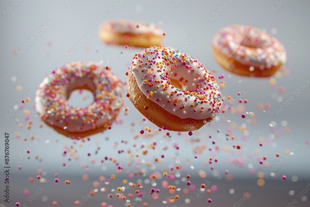 Aerial view of colorful doughnuts with sprinkles suspended in mid-air, perfect for use in food-related content or whimsical illustrations Aerial view of colorful doughnuts with sprinkles suspended in mid-air, perfect for use in food-related content or whimsical illustrations