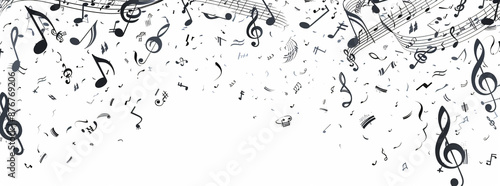 Big set of music notes, musical symbols illustration on white background. Black and white vector design with various types of simple musical notations. Hand drawn doodle art for design elements