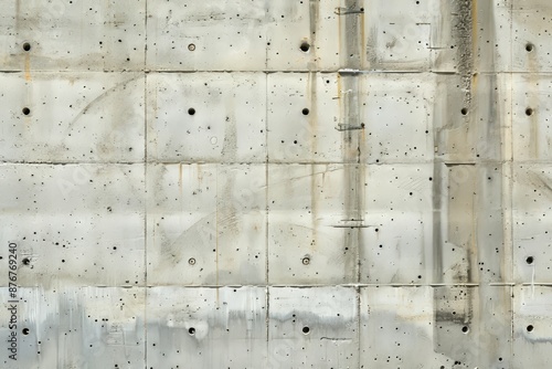 Concrete wall with visible formwork impressions, tie holes, and variations in color from different pouring stages, Generative AI © ManusiaIkan