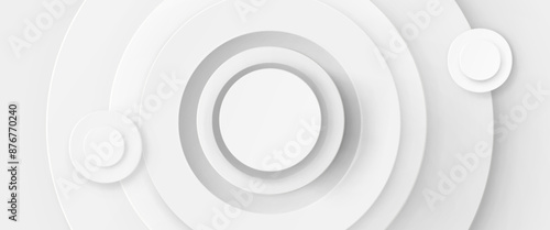 White circular cut paper layers background. Realistic 3d vector illustration bg of layered carton composition of rings, hole and shadow. Abstract gray geometric papercut minimal banner template.