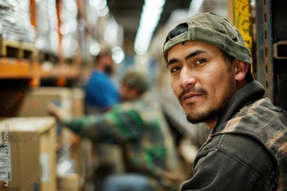 A delivery driver is pictured unloading goods at a warehouse, working efficiently to meet the tight schedule. The well-organized warehouse and the driver systematic approach emphasize the importance A delivery driver is pictured unloading goods at a warehouse, working efficiently to meet the tight schedule. The well-organized warehouse and the driver systematic approach emphasize the importance