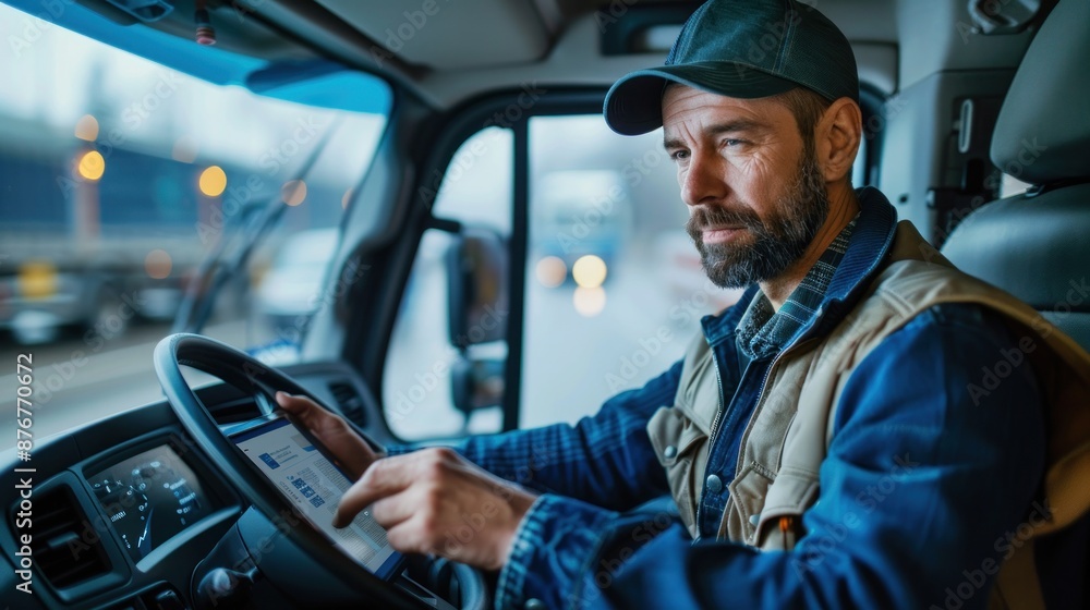 A professional driver is seated in a modern delivery truck, using a digital tablet to check the delivery schedule and routes for the day. The high-tech dashboard and equipment emphasize the A professional driver is seated in a modern delivery truck, using a digital tablet to check the delivery schedule and routes for the day. The high-tech dashboard and equipment emphasize the