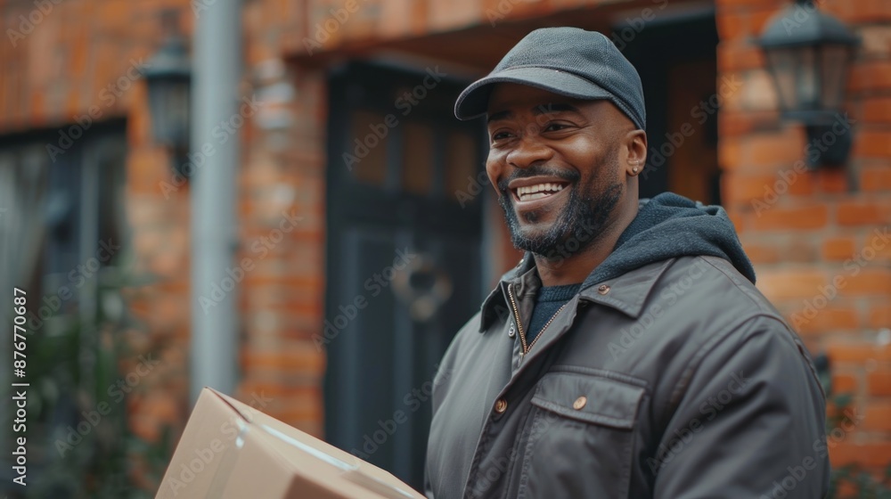 The image captures a driver handing over a package to a smiling customer at their doorstep. The driver is courteous and professional, emphasizing the importance of customer satisfaction in the The image captures a driver handing over a package to a smiling customer at their doorstep. The driver is courteous and professional, emphasizing the importance of customer satisfaction in the