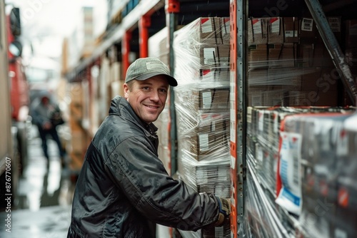 A delivery driver is pictured unloading goods at a warehouse, working efficiently to meet the tight schedule. The well-organized warehouse and the driver systematic approach emphasize the importance