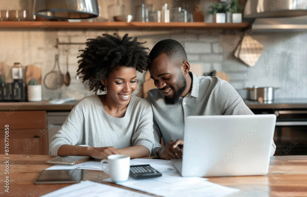 Naklejka premium A couple is planning a budget at the kitchen table. Smiling man