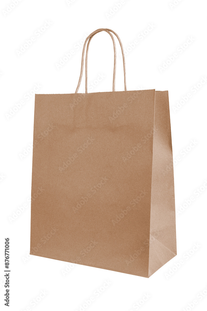 Blank brown craft paper bag for isolated on white, transparent background. Eco friendly shopping bag made from recycled paper, ecology, recycling concept. Mockup, template with copy space Blank brown craft paper bag for isolated on white, transparent background. Eco friendly shopping bag made from recycled paper, ecology, recycling concept. Mockup, template with copy space