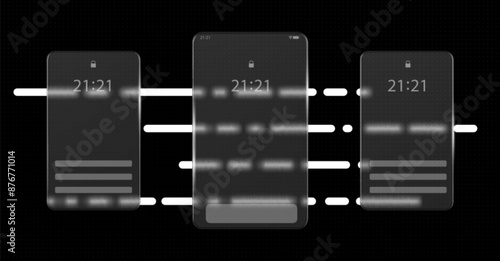 Mobile phone screen ui set isolated on black background. Vector realistic illustration of glass morphism vertical display mockups with clock and lock icon, blurred mobile application design template
