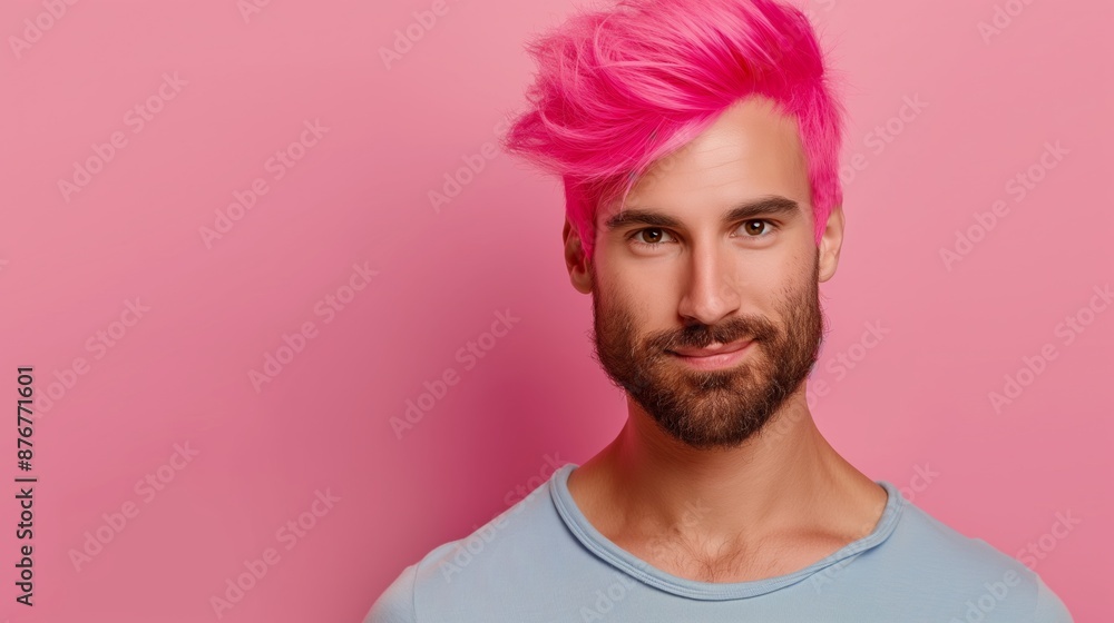 A man with pink hair is smiling for the camera. The pink hair is a bold and eye-catching feature that makes the man stand out A man with pink hair is smiling for the camera. The pink hair is a bold and eye-catching feature that makes the man stand out