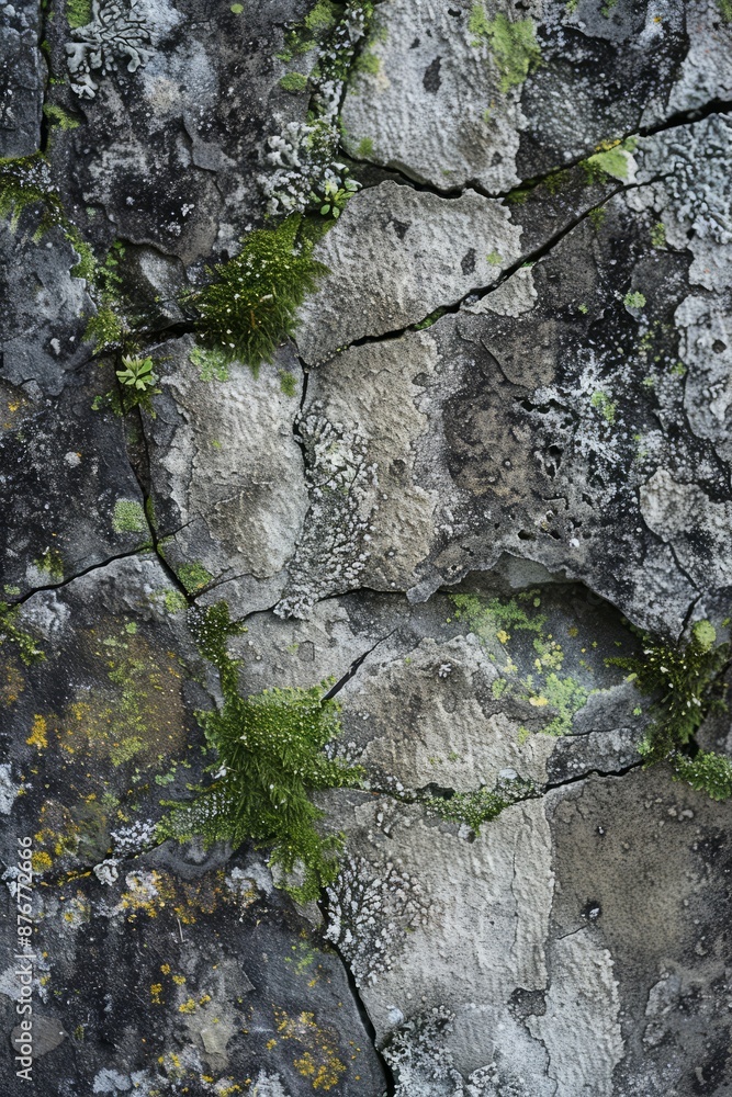 Weathered concrete surface with cracks, moss, and lichen growth, giving a sense of an abandoned, aged structure, Generative AI Weathered concrete surface with cracks, moss, and lichen growth, giving a sense of an abandoned, aged structure, Generative AI