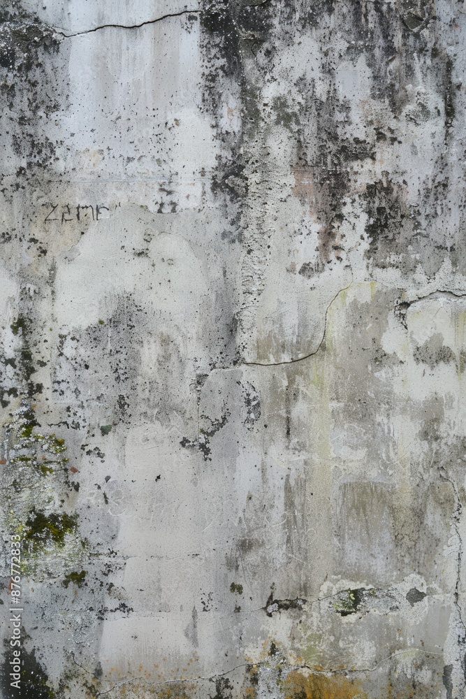 Weathered concrete wall with signs of erosion, faint graffiti marks, and patches of moss in damp areas, Generative AI Weathered concrete wall with signs of erosion, faint graffiti marks, and patches of moss in damp areas, Generative AI