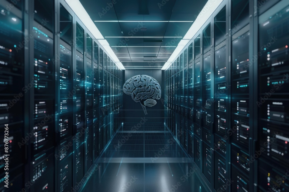 Picture shows a server room with rows of servers and a central brain component, possibly an AI or data processing unit Picture shows a server room with rows of servers and a central brain component, possibly an AI or data processing unit