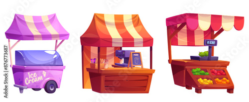 Street food stalls set isolated on white background. Vector cartoon illustration of city park booths selling ice cream, coffee, fruit and vegetables, colorful market kiosks, festival design elements