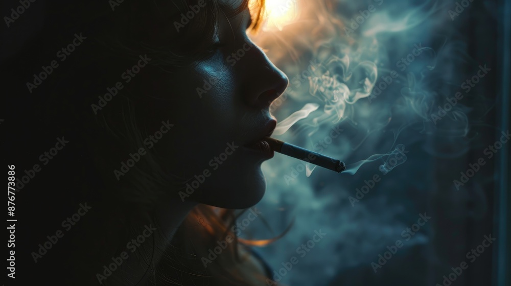 Obraz premium Smoking cigarette against dark backdrop