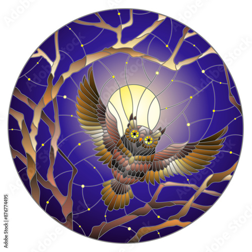 The illustration in stained glass style painting with the fabulous owl in the night starry sky and moon in between the branches of the tree, round image