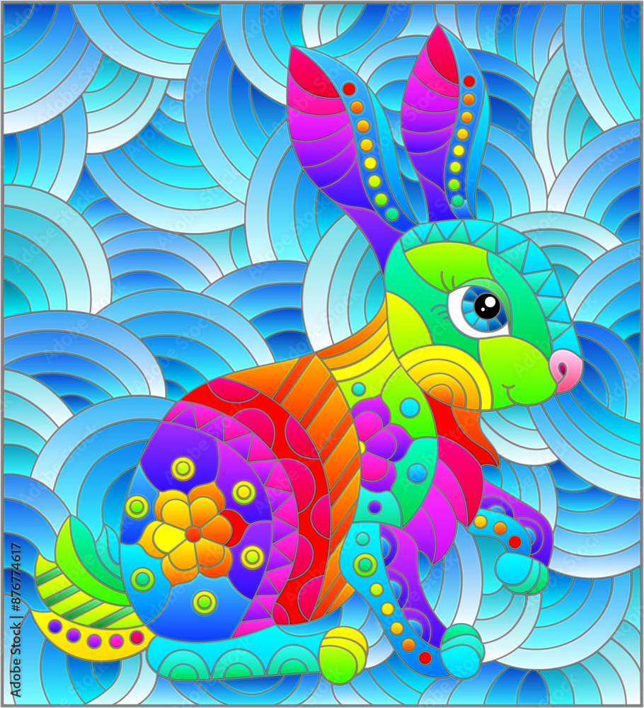 Stained glass illustration with a cute rabbit on a background of blue waves, rectangular image Stained glass illustration with a cute rabbit on a background of blue waves, rectangular image