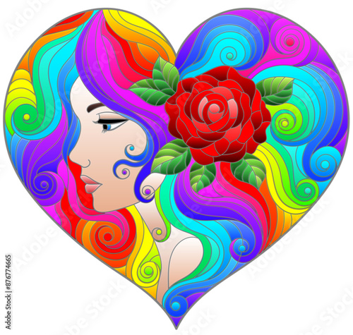 A stained glass illustration with a portrait of a girl with bright hair and a heart-shaped rose