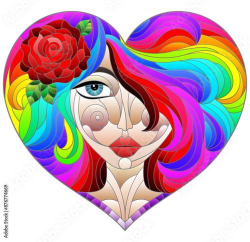 A stained glass illustration with a portrait of a girl with bright hair and a heart-shaped rose