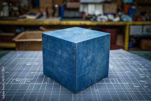 A blue cube stands on an architectural blueprint, evoking concepts of design and creativity photo