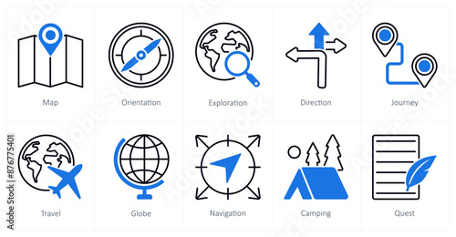 A set of 10 Adventure icons as map, orientation, exploration