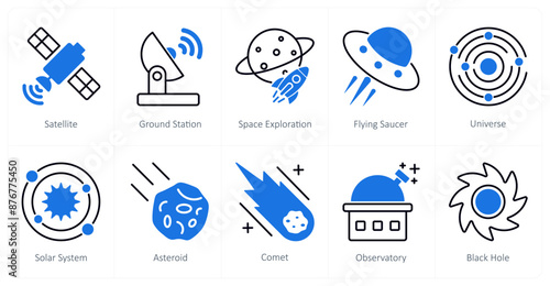 A set of 10 Astronomy icons as satellite, ground station, space exploration