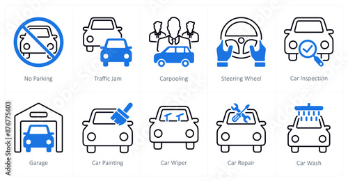 A set of 10 Car icons as no parking, traffic jam, carpooling