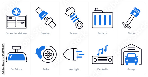 A set of 10 Car icons as car air conditioner, seatbelt, damper