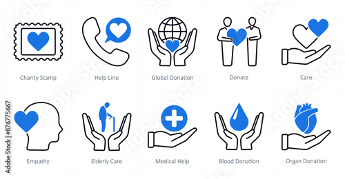 A set of 10 Charity and Donation icons as charity stamp, helpline, global donation