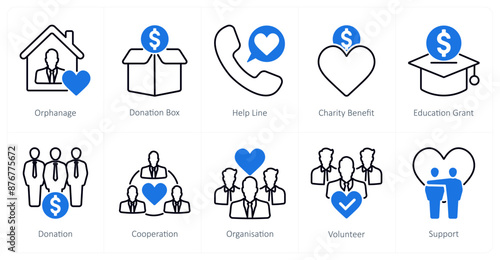 A set of 10 Charity and Donation icons as orphanage, donation box, help line