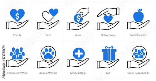 A set of 10 Charity and Donation icons as charity, care, aims