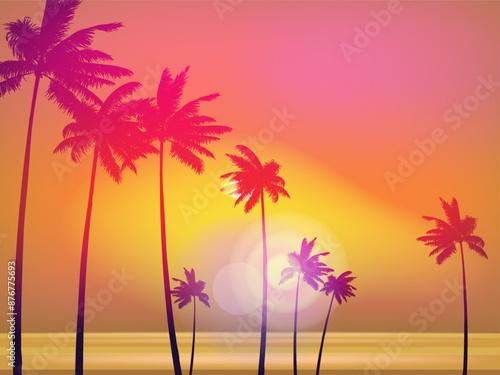 Sunset Beach view tropical landscape banner illustration