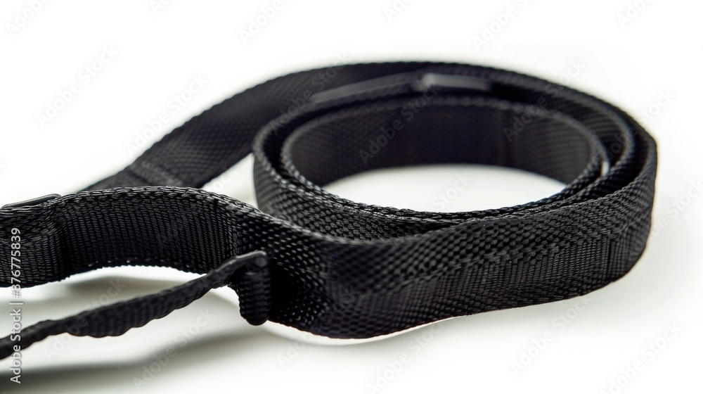 Close-up shot of a black leash lying on a white surface Close-up shot of a black leash lying on a white surface