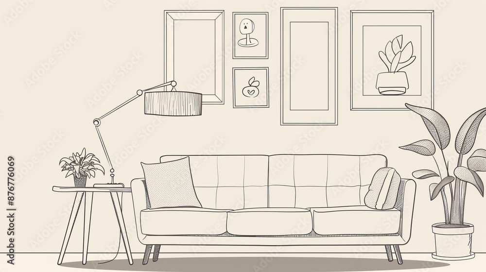 Hand-drawn single-line artwork of a modern living room with a sofa, lamp, plant, and photo frames. Editable stroke and doodle vector design. Hand-drawn single-line artwork of a modern living room with a sofa, lamp, plant, and photo frames. Editable stroke and doodle vector design.