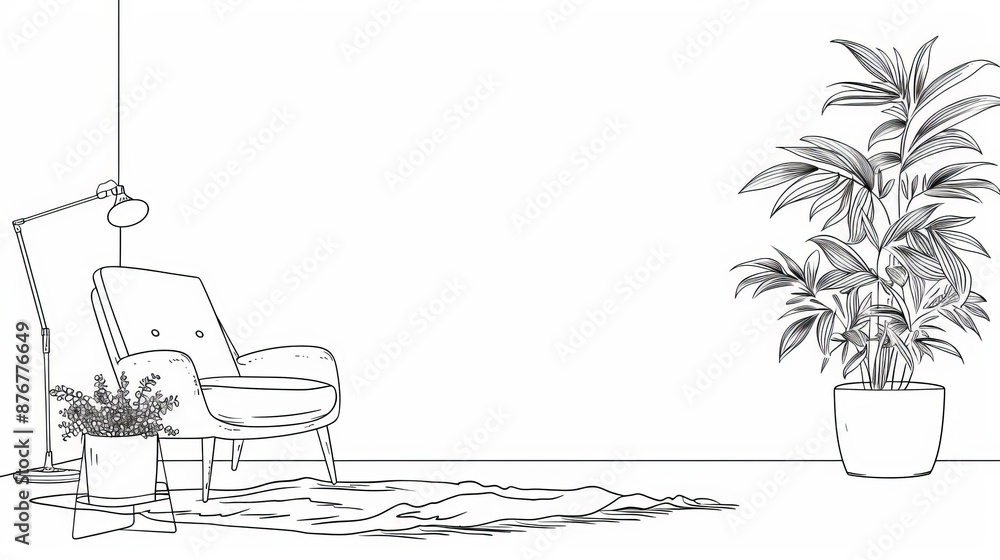 Obraz premium One-line drawing of a living room with modern furniture: armchair, plant, floor lamp, carpet. Editable stroke. Hand-drawn contour. Flower in a pot. Doodle vector.