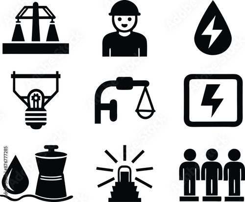 set of  Public utilities  icons illustration. communication, logo, equipment, housing, technology, cost, fire, recycling